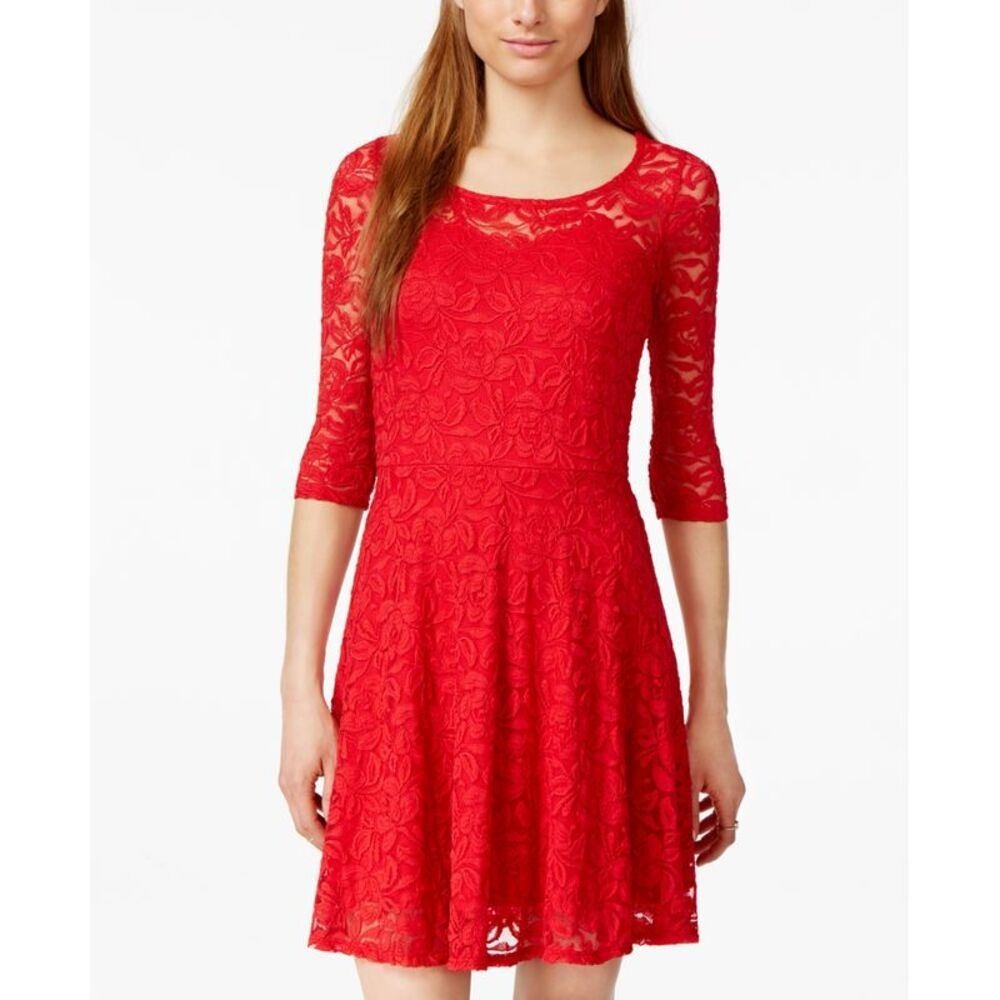Material Girl Lace Illusion Skater Dress 3/4 Sleeve Mini Lipstick Red Size L